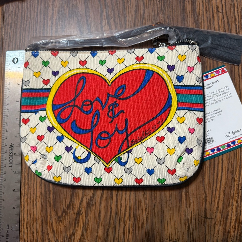 NWT Brighton Love & Joy Heart Canvas Pouch Holiday Gift Bag Crossbody